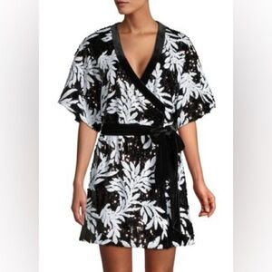 NWT Black and White Jay Godfrey Lanai Sequin Palm-Print Wrap Dress Size 4